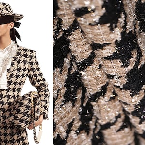 Black/Tannish Houndstooth - Shimmering French Tweed - 150 cm Wide.