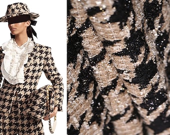 Black/Tannish Houndstooth - Shimmering French Tweed - 150 cm Wide.