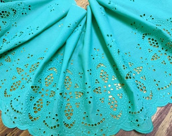 Teal  Embroidery on Teal  Background - Broderie Anglaise Cotton Eyelet Lace Trim -  34 cm Wide.
