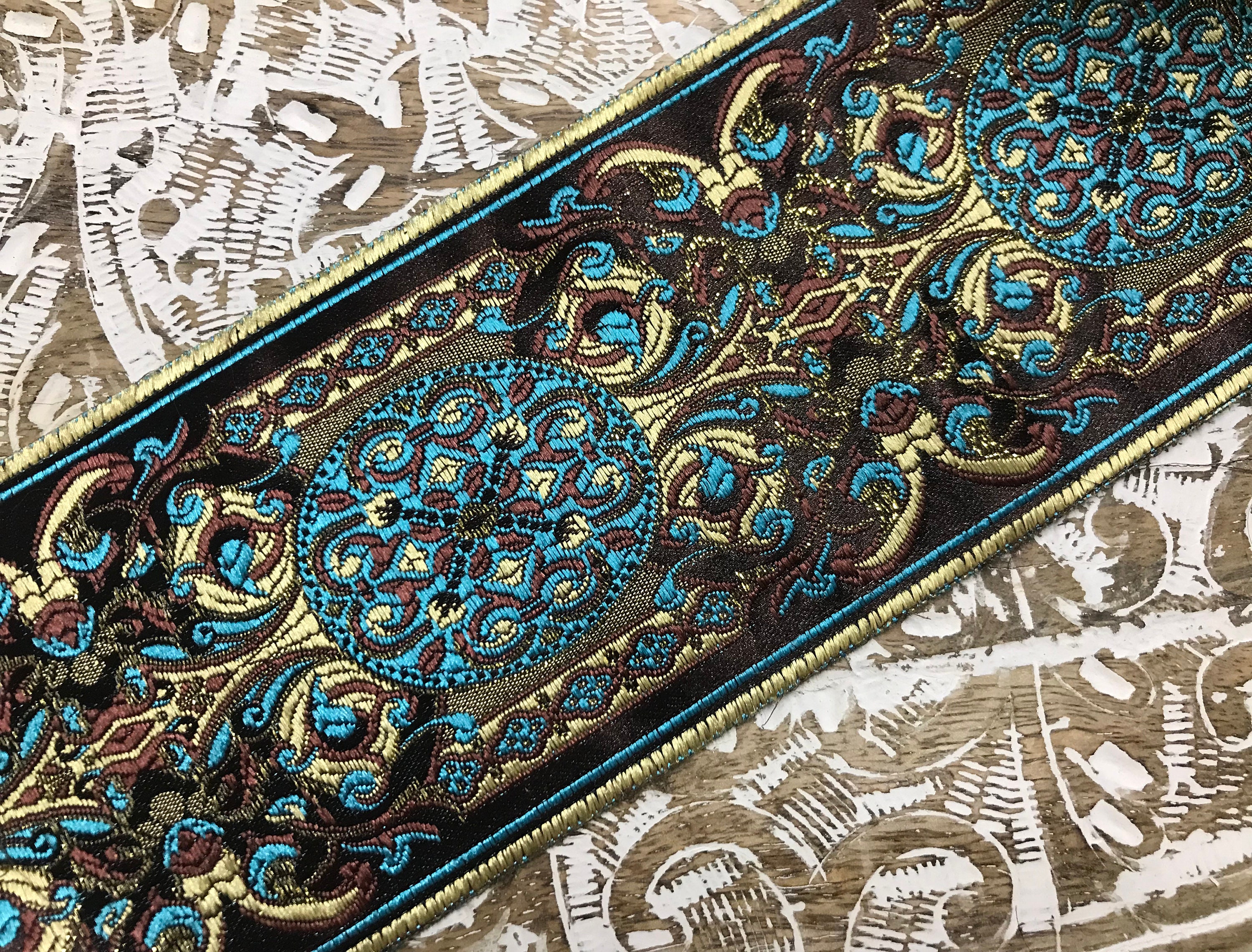 Jacquard Ribbon – Turquoise Blue, Gold Filigree, 9 Cm Wide - Etsy