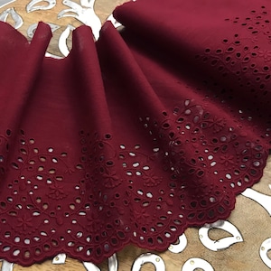 Burgundy Broderie Anglaise Lace on  Cotton Voile - 19.5 cm Wide.