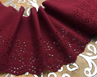 Burgundy Broderie Anglaise Lace on  Cotton Voile - 19.5 cm Wide.