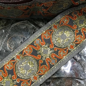 Orange/Grey on Dark Grey Background  w/Gold Filigree - Embroidered Jacquard Ribbon - 4.9 cm Wide.