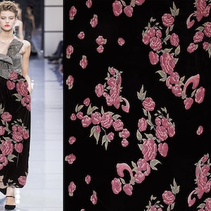 Marron/Red/Beige/Green Floral Print on Black Velvet Floor - French Silk Velvet Burnt Out - 134 cm Wide.
