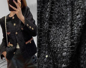 Black French Tweed Fabric: Satin, Velvet Ribbons & Sequins - 150cm Wide
