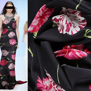 Multi Color Carnations on Black Background - Stretch Silk Satin, 142 Cm ...