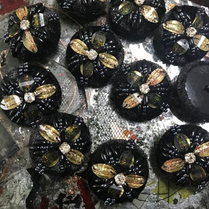 Black Velvet Hand-Made - With Gold/Black Beads and Crystal - Embroidered Button - 34 MM  Width.