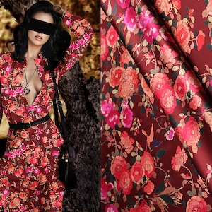 Multi Color Floral Print on Marron Background - Stretch Silk Satin - 120 cm Wide.