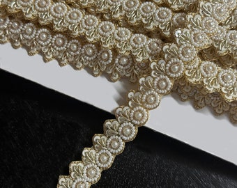 Pearls/Sequins/Gold Thread -  Handmade Beaded  Trim -  2 cm Wide.