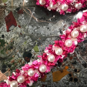 Shades of Pink/Off White  Gold Stitching and Pearls Studs -  French Trim - 2 cm Wide.
