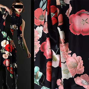 Multi Colors Floral Print on Black  Background - Stretch Mulberry Silk Satin - 19 MM - 110 cm Wide.