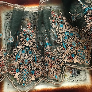 Tan, Turquoise and Orange Embroidery on Dark Green Soft Tulle Italian Lace - 22 cm  Wide