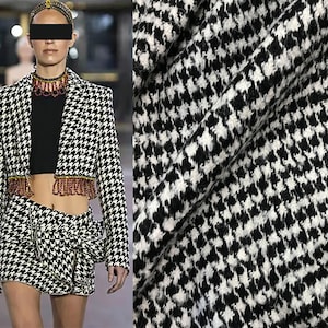 Black and Off White Houndstooth Italian Woolen - 150 cm Wide.