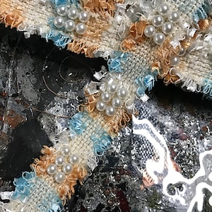 Shades of Gold/Blue/Off White  Gold Stitching and Pearls Studs and Pearls -  French Trim - 3 cm Wide.