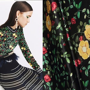 Multi Color Floral Print on Black  Background - 19 MM - French Stretch Silk Satin - 105 cm Wide.