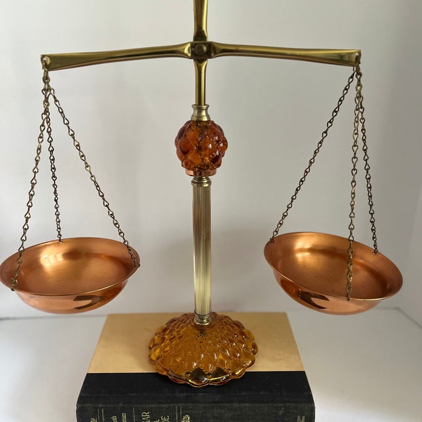 Vintage Princess House Amber Glass Copper Brass Balance Decorative Scale 15.5”H