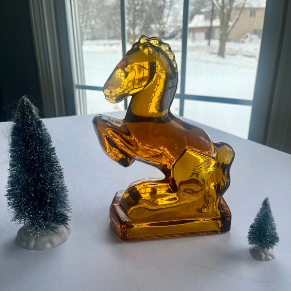 Vintage L.E. Smith Amber Glass Horse single Bookend Sculpture glass animal animal figurine colored glass