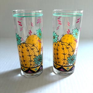 Vintage Cactus Highball Glasses - MCM Floral Tumblers, Set of 2