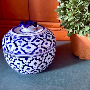 May include: A round, lidded ceramic jar with a blue and white floral pattern. The jar has a dark blue, scalloped handle on the lid. The jar is sitting on a blue surface next to a potted plant.