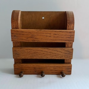 Vintage Wooden Square Mail and Key Organizer with Slats Rustic Wall Mounted Entryway Storage with Peg Hooks