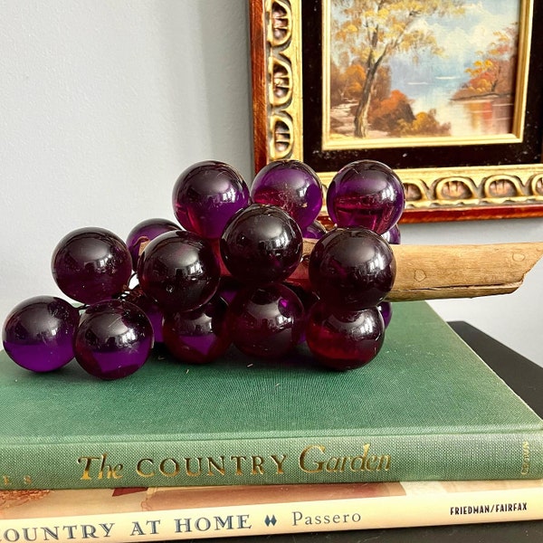 Vintage Mid-century Modern Lucite Purple Grapes Large Drift Wood Branch lucite grape cluster for home decor accent lucite fruit mcm lucite