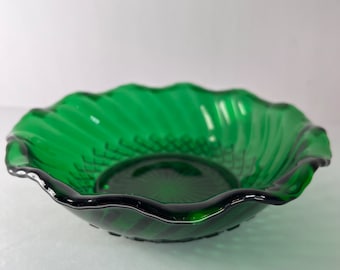 Vintage Anchor Hocking Emerald Green Ruffled Bowl: Small Glass Serving Bowl