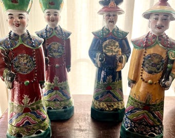 Antique Chinese Polychrome Porcelain Qing Emperor Figurine Set Hand-Painted Vintage Asian Decor