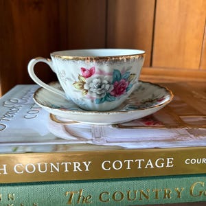 Vintage Marco Teacup and Saucer Roses Pink Blue Gold Trim Scalloped Lusterware single teacup solo floral teacup