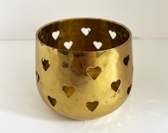 Vintage Brass Tea Light Holder: Pierced Heart Candle Votive, Made in India