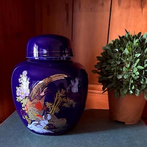 Vintage Japanese Cobalt Blue Ginger Jar Hand-Painted Peacock & Floral Satsuma Kutani Porcelain, 8” Lidded Jar 1970s