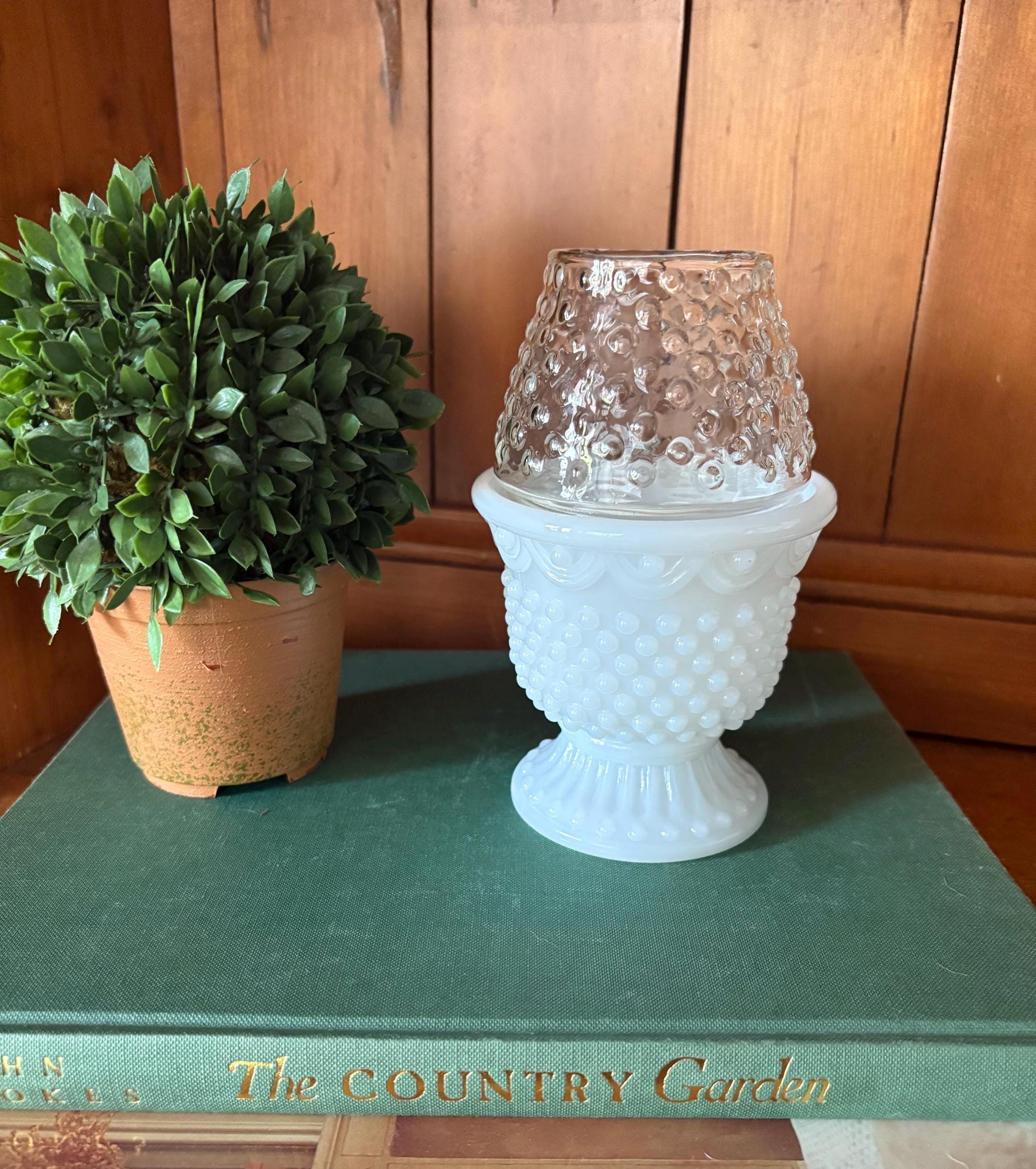 Avon Milk Glass Candle Holder With Clear Hobnail Shade 1973 Fairy