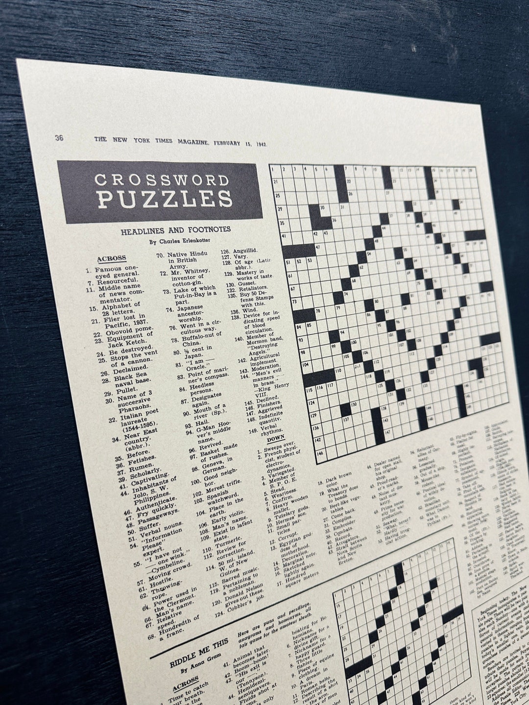 Reprint of the 1st NYT Crossword Puzzle Etsy