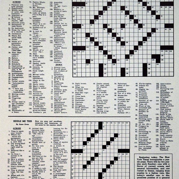 NYT 1st Crossword Puzzle Digital Download