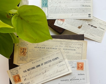 May include: A collection of vintage bank checks and promissory notes from the 19th century. The checks are printed on paper with intricate designs and feature handwritten signatures and dates. The notes are for various amounts of money, including $110 and $75. The checks and notes are a fascinating glimpse into the history of banking and finance.