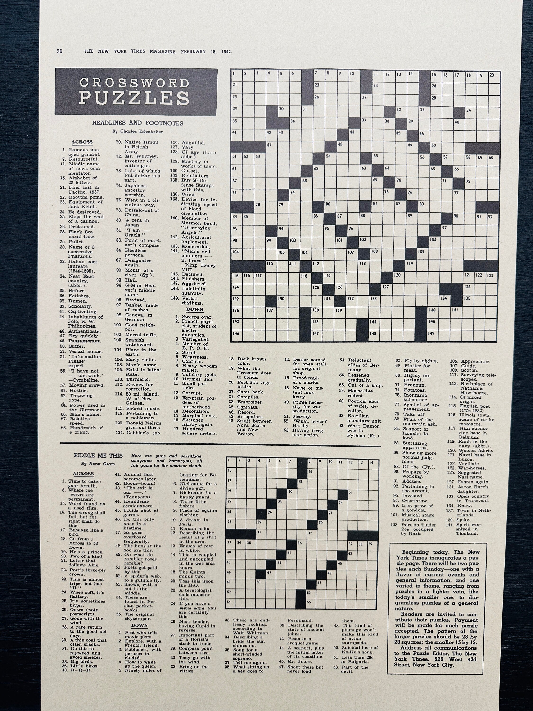 Reprint of the 1st NYT Crossword Puzzle Etsy Reprint of the 1st NYT Crossword Puzzle Etsy