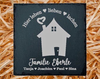 Türsschild Familientafel "Haus mit Herz" Namensschild personalisiert - Schiefertafel mit Gravur - Familienschild