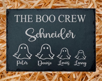 Türschild personalisiert - Schiefertafel graviert - "the boo crew" - Namensschild- Familientafel saisonal