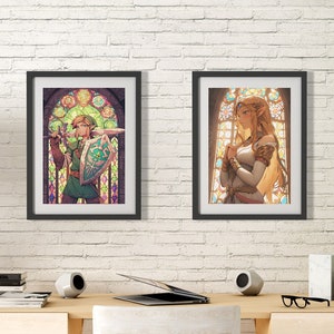 Legend of Zelda, Link & Zelda, Stained Glass Window Portrait, Anime Poster, Printable Wall Art, Bedroom Wall Art, Breath of the Wild