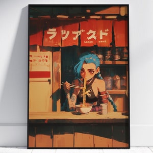 ジンクス、リーグ・オブ・レジェンド、ラーメンシリーズ、アーケイン、日本のタペストリースタイル、アニメポスター、印刷可能な壁アート、寝室の壁アート、デジタルダウンロード