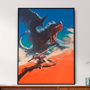モンスターハンター ワイルド、日本のタペストリースタイル、ゲームアート、アニメポスター、印刷可能な壁アート、寝室の壁アート、デジタルダウンロード
