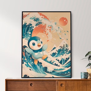 Piplup, Pokemon, stile arazzo giapponese, poster anime, stampabile, decorazione da parete per camera da letto, arredamento giapponese, download digitale