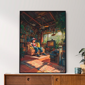 Ash e Pikachu, Serie Cozy Room, Pokemon, Download digitale, Isometrico, Poster anime, Arte stampabile, Arte della parete della camera da letto, Decorazione domestica giapponese