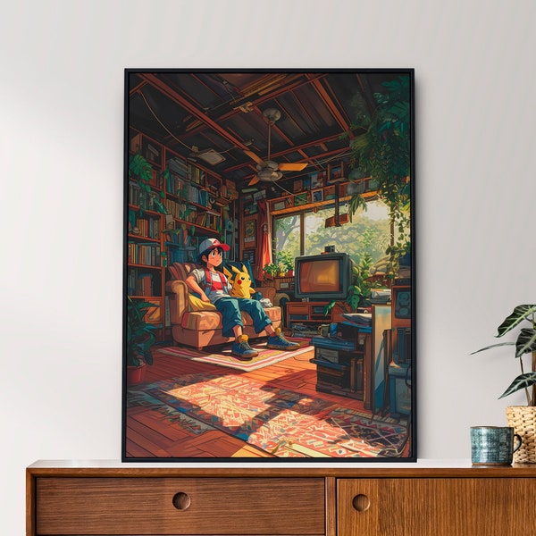 Ash et Pikachu, Cozy Room Series, Pokemon, Téléchargement numérique, Isométrique, Affiche d’anime, Art imprimable, Art mural de chambre à coucher, Décoration intérieure japonaise