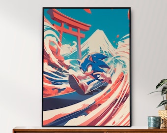 May include: A digital art print featuring Sonic the Hedgehog running through a swirling wave of pink and blue, with a red Japanese torii gate and a mountain in the background.