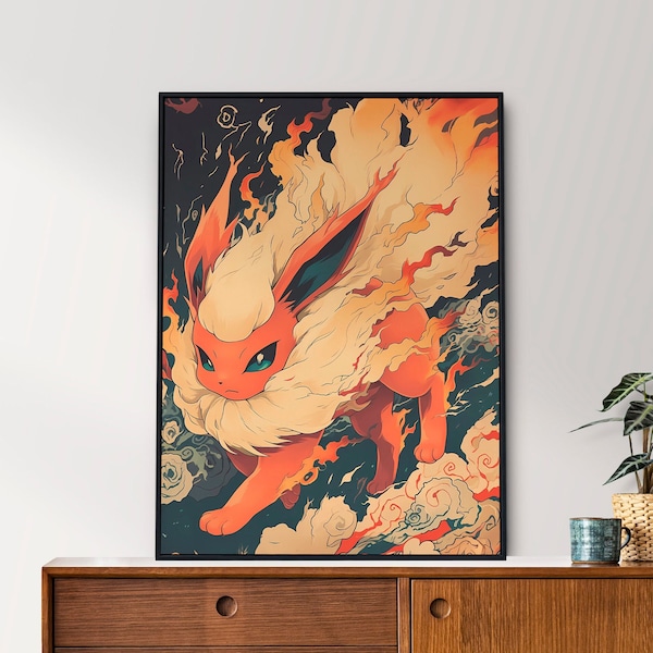 Flareon, Pokemon, Japanese Tapestry Style, Anime Poster, Printable Wall Art, Bedroom Wall Art, Japanese Home Decor, Digital Download