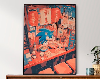 Sonic the Hedgehog, Ramen Series, Japanese Tapestry Style, Anime Poster, Printable Wall Art, Bedroom Wall Art, Japanese Home Decor