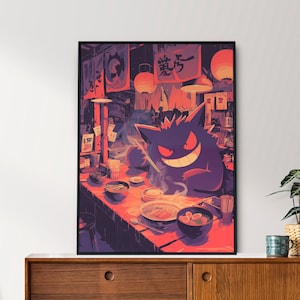 Gengar, Serie Ramen, Pokemon, Stile arazzo giapponese, Poster anime, Arte da parete stampabile, Arte da parete per camera da letto, Decorazione per la casa giapponese
