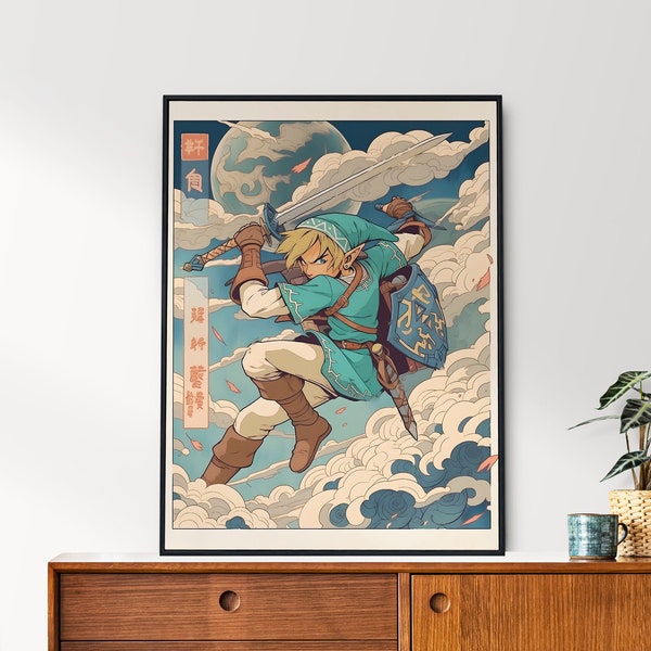 Legend of Zelda, Link, Style de tapisserie japonaise, Affiche d'anime, Art mural imprimable, Art mural de chambre à coucher, Décoration japonaise, Breath of the Wild