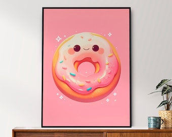 Kawaii Donut, Cute Poster, Dessert Print, Happy Little Donut, Pink, Poster, Printable Wall Art, Bedroom Wall Art, Digital Download