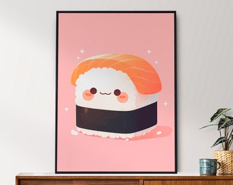 Kawaii Sushi, Cute Poster, Happy Little Sushi, Pink, Poster, Printable Wall Art, Bedroom Wall Art, Digital Download